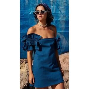 Free People Teal Off-Shoulder Mini Dress with Ruffled Puff Sleeves